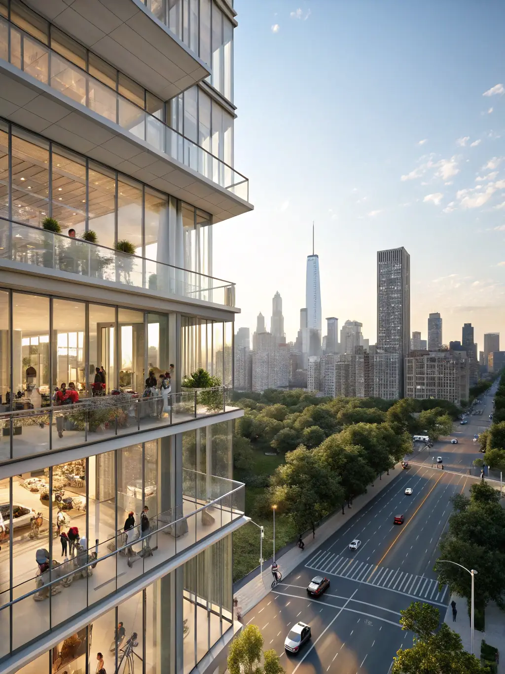A high-rise apartment building in Manhattan, New York, showcasing the dense urban environment and the types of properties Building It Together PM manages in the city.